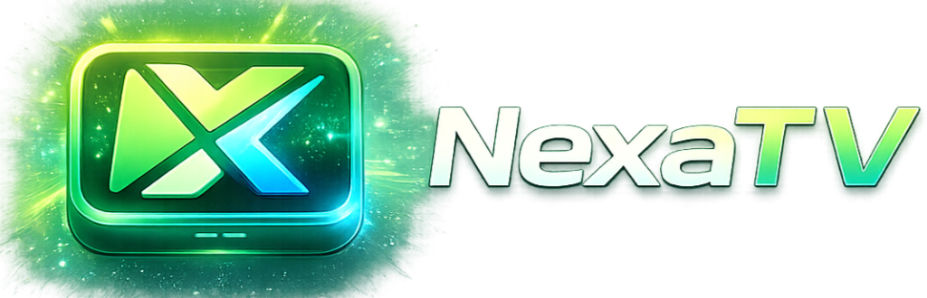 Logotipo oficial NexaTV com ícone NX em gradiente verde e azul representando tecnologia e entretenimento digital no Brasil